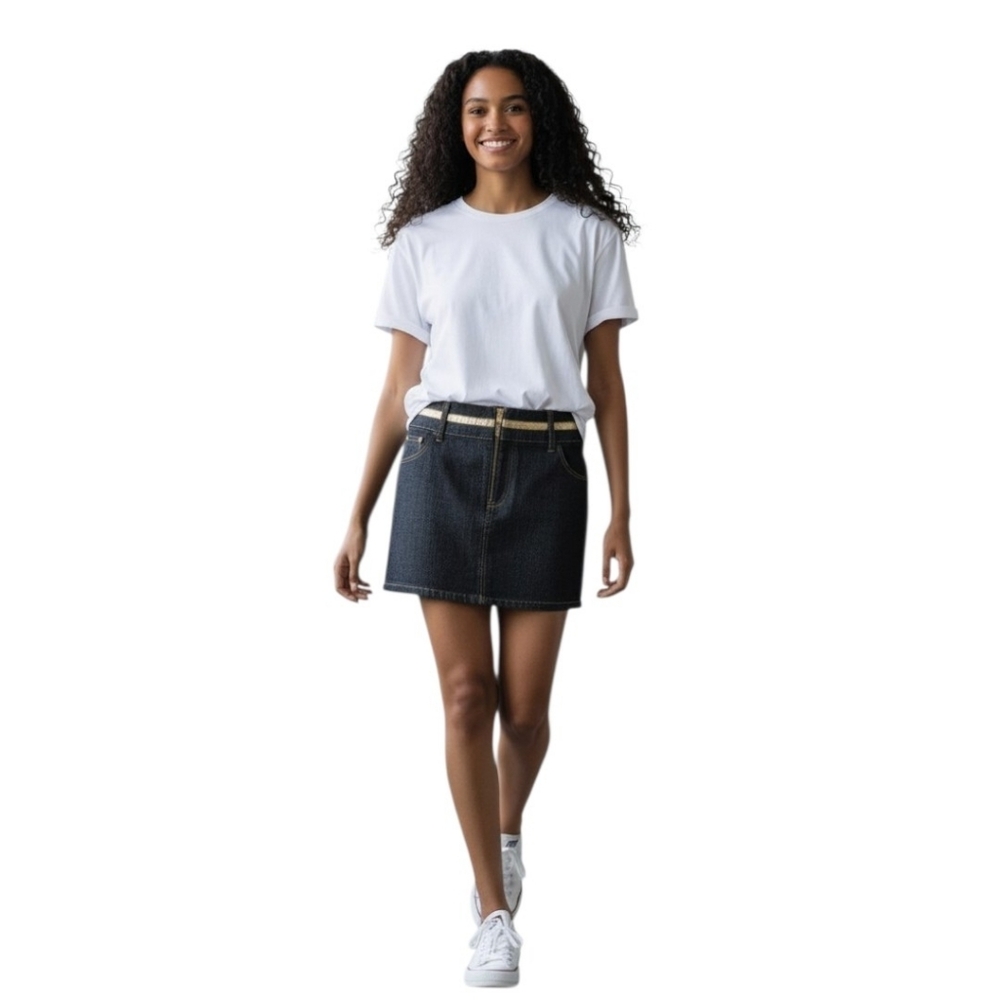 Bisou Bisou Dark Denim Mini Skirt with Gold Trim